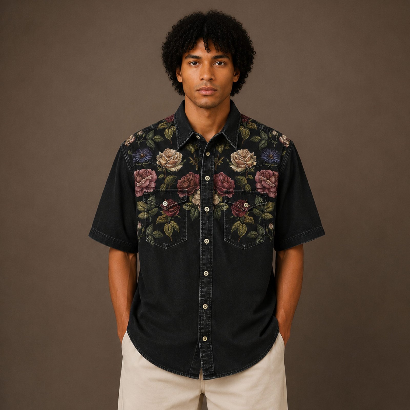 IBSF1-1 IBEN Black Floral Denim Shirt